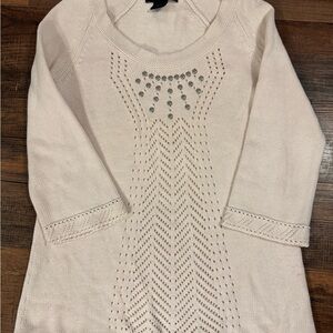 Calvin Klein Jeans Womens M Sweater 3/4 Sleeve Scoop Neck Beaded Beige Metallic